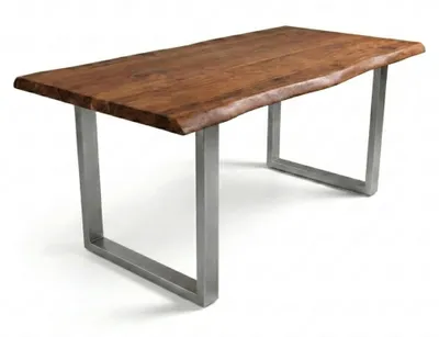 Produktbild von Baumkantentisch Cali 240 x 100 cm, Akazienholz massiv nussbaumfarben, 50 mm Tischplatte, Esstisch mit U-Metallgestell Silber, Industrial-Design