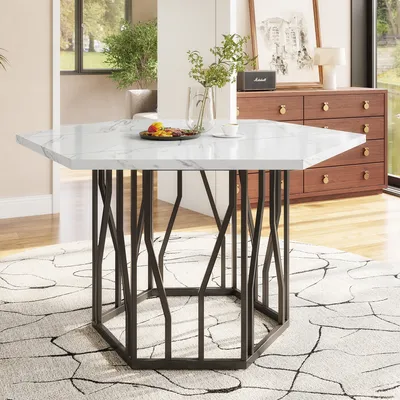 Produktbild von Flieks Esstisch Küchentisch Secheckig, Esszimmertisch mit Metallbeinen, Schreibtisch Arbeitstisch Tisch Marmoroptik, 115.5x100x75 cm, Weiß+Schwarz