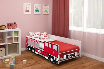 Produktbild von ACMA Autobett Feuerwehr 160x80 personalisiert mit Name, Kinderbett Auto Feuerwehrauto Design, Jugendbett mit Matratze, Lattenrost und Rausfallschutz