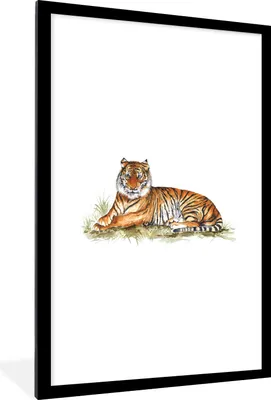 Produktbild von MuchoWow® MuchoWow® Gerahmtes Poster Tiger - Bild - Gras 60x90 cm - Poster mit zchwarzem Bilderrahmen - Dekoration - Wandposter Wohnzimmer - Hochwertig