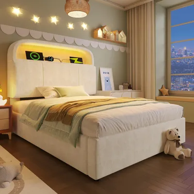 Image de OKWISH Lit Coffre 90x200 cm - Lit Simple Capitonné avec LED Intégrée et Tête de Lit Réglable, Rangement Hydraulique et Ports USB, Beige, Sans Matelas