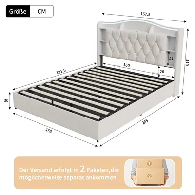 Produktbild von Polsterbett aus Samt - Doppelbett 160x190 cm - LED-Beleuchtung - Mit Stauraum - Kopfteil mit USB & Typ-C - Holzrahmen - Beige