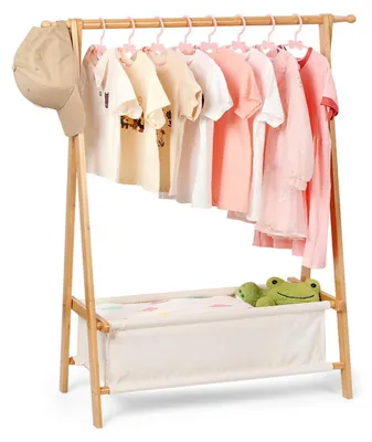 Image de Porte-vêtements pour enfants en bambou avec poche, dimensions : 80 x 105 x 35,5 cm