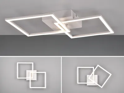A modern white ceiling light with intersecting square frames, shown from different angles.