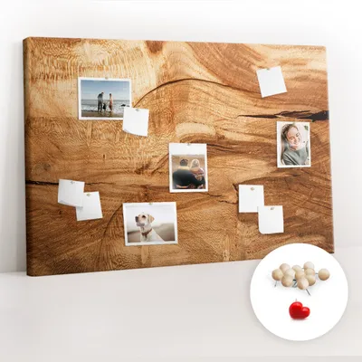 Immagine prodotto di Pannello forato in sughero – Bacheca con puntine per foto e appunti – 120x80 cm – Spille di legno, 100 pezzi – Texture in legno