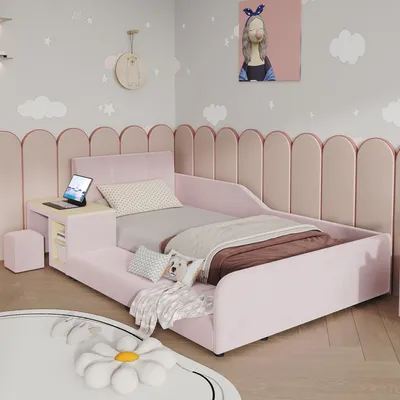 Produktbild von Flieks Polsterbett Kinderbett 90x200cm mit Schreibtisch und Hocker, Bodenbett Einzelbett mit Rausfallschutz, Holzbett mit Lattenrost, Samt, Rosa