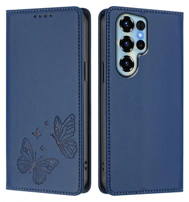 Image de Étui en cuir pour Oukitel C68, étui de protection type portefeuille en cuir gaufré motif papillon avec support, bleu foncé