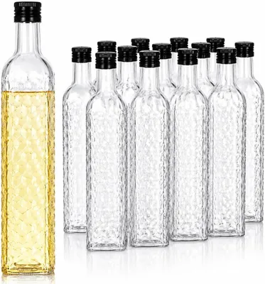 Produktbild von 12er Set Glasflaschen 500 ml mit Schraubverschluss – Flaschen zum Befüllen für Likör, Schnaps, Saft, Essig & Öl, dekorative Motivflaschen aus Glas
