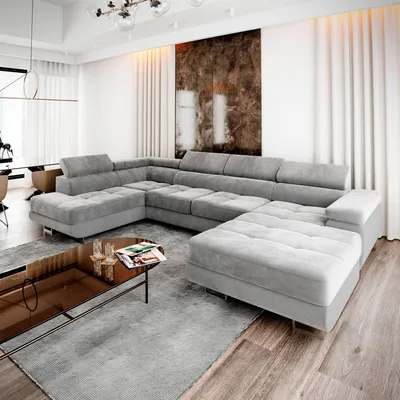 Produktbild von masseno Ecksofa CASONE L-S, U-Form, Hellgrau, MONOLITH 84, mit Schlaffunktion & Bettkasten, B 345 x T 202 x H 90 cm