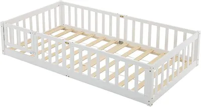 Imagen del producto de Cama infantil con puerta, barandillas de seguridad, tamaño 90x200 cm, color blanco, estructura de madera maciza con somier