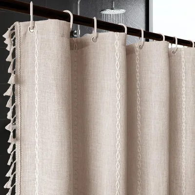 Produktbild von OKWISH Duschvorhang 183x183 cm, gestreift, mit Fransen, wasserabweisender Badvorhang für Dusche und Badewanne, dekorativer Badezimmer Vorhang