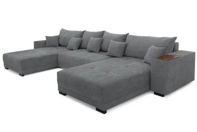 A U-shaped sectional sofa in gray fabric, shown from a slightly elevated diagonal angle against a white background.