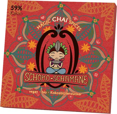 Produktbild von Schoko-Schamane „Chai“ 59% Kakao 50g Schokolade inkl. Veggie Sweets Bienenfutter Vegan Palmölfrei Glutenfrei Sojafrei Plastikfrei