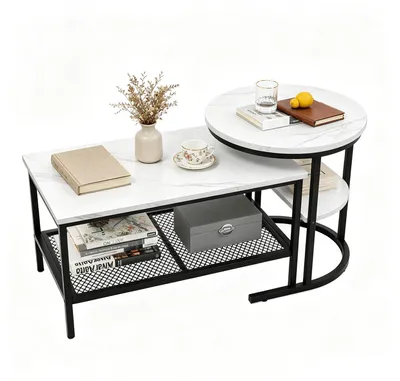 Produktbild von KOMFOTTEU Couchtisch 2er Set, rechteckige und runde Wohnzimmertische mit 2 Ablagen, Sofatisch aus Stahl mit Marmoroptik, moderner Satztisch für Wohnzimmer, Schlafzimmer, Weiß