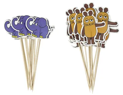 Produktbild von Dr. Oetker Party-Picker "Maus & Elefant" DieMaus, Maus-Motive zum Dekorieren von Torten, Elefanten-Motive zum Verschönern von Kuchen (Farbe: Braun, Orange, Blau) Menge: 2 x 12 Stück
