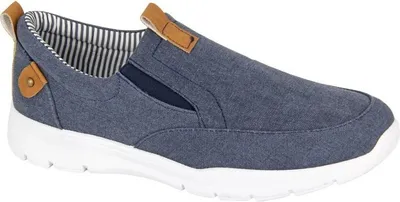 A single blue canvas slip-on sneaker with brown accents and a white sole, shown from a side view against a white background.