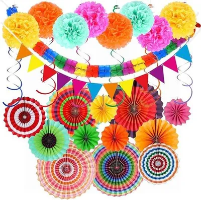 Produktbild von Partydekorationen - 33-teilige buntes Themenhängepapier - Regenbogenpapierbällchen - Partyfliegen - Tissuepapiergirlanden - Geburtstag