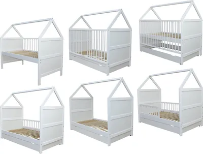 A collage of six different views of a white wooden baby bed with a house-shaped frame.