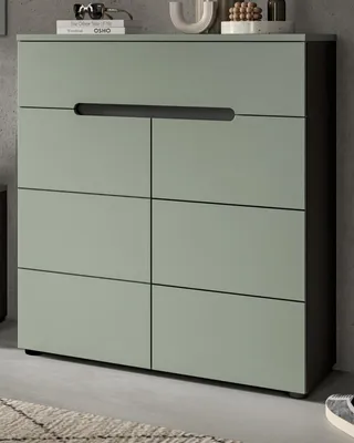 A modern shoe cabinet with a minimalist design, featuring a sage green front and a basalt gray frame, set against a concrete wall.