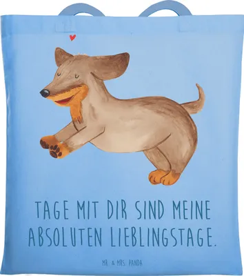 Produktbild von Mr. & Mrs. Panda Stoffbeutel Hund Dackel - Sky Blue - Geschenk, Herz, Sprüche, Jutebeutel, Laptoptasche, Happy Dog, Tasche, dokumententasche, Schultasche, Uni