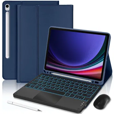 Image de Coque Clavier pour Samsung Galaxy Tab S9, Synthécuir Bleu Marine avec Clavier Rétroéclairé Bluetooth + Souris + Stylet