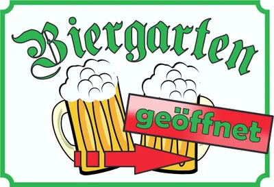 Produktbild von Biergarten geöffnet Schild Pfeil rechts A4 Rückseite selbstklebend
