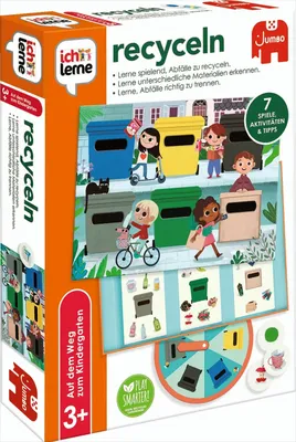The image shows the front of a board game box for a children's game about recycling.