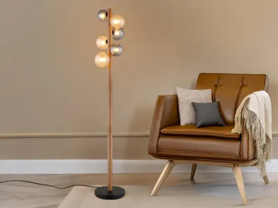 Produktbild von Ausgefallene LED Vintage Stehlampe Holz mit 6 Glaskugeln Kugellampe, Höhe 150cm