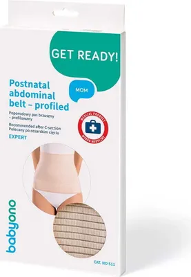The image shows the packaging of a postnatal abdominal belt.