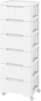 Immagine prodotto di Cassettiera a 6 cassetti, mobile con 4 ruote e cassetti di varie dimensioni, con maniglie incassate, bianco
