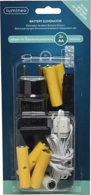 The image shows the packaging of a Lumineo battery eliminator kit for 3x AA batteries.
