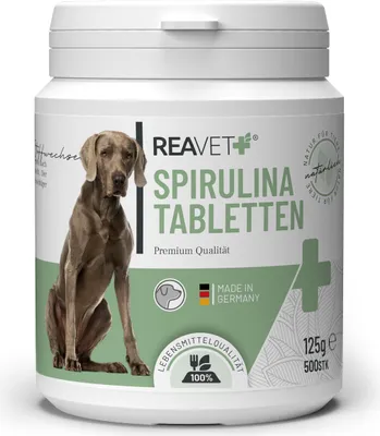 Zdjęcie produktu dla REAVET Spirulina tabletki dla psów 500 sztuk - spożywcze, 100% czyste mikroalgi spożywcze I Naturalne źródło białka, bogate w chlorofil, witaminy i minerały