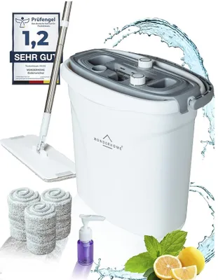 Produktbild von Wischmopp Set mit Eimer - Bodenwischer mit innovativem 3-Kammersystem - großvolumig - Wischmopp mit Auswringfunktion - Inkl. Seifenspender