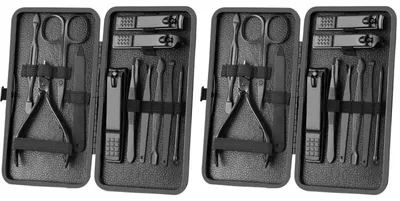 Image de Kit de manucure et pédicure, 12 pièces, en acier inoxydable, avec étui en cuir noir