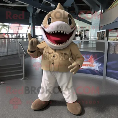 Produktbild von Hellbrauner REDBROKOLY Hai Maskottchen Kostüm charakter gekleidet mit einem Hemd mit Knöpfen und Fußpolstern