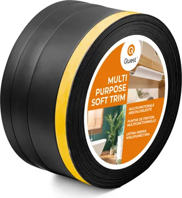 Produktbild von QUEST 4in1 Multifunktionsleiste, Weichsockelleiste Selbstklebend 1x120mm, 20m, Abschlussleiste Multifunktional, Flexibel, Dekorativ, UV-beständig, W2, schwarz