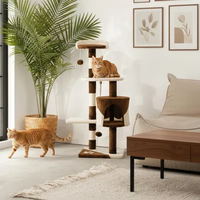 Image de belviona Arbre à chat, compact 112 cm avec balles de jeu, sisal & grotte de câlins, marron/beige