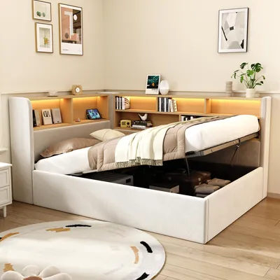 Image de OKWISH Lit Banquette 90x200 cm - Lit Coffre Simple avec Éclairage LED - Port USB - Sans Matelas - en Velours - Beige