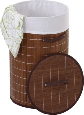 Zdjęcie produktu dla Kosz na pranie HWC-C21, Pojemnik na pranie Kosz na pranie, okrągły bambusowy 59x35cm 50l ~ brązowy