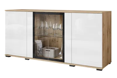 Immagine prodotto di Cassettiera MINIO go for it, "FARO", 150 cm, 4 ante, ante in vetro, senza illuminazione LED, colore rovere Wotan / bianco lucido