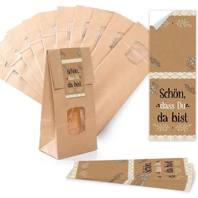 Produktbild von Verpackung 10 kleine braune Blockbodenbeutel Geschenk-Tüte MIT Fenster + Pergamineinlage 10,5 x 6,5 x 29 cm + 10 Aufkleber 5 x 15 cm Welt nur für Dich rosa pink HERZ"Schön, dass du da bist" braun, schwarz / 10 Stück