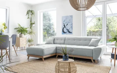Image de MIUFORM Dazzling Daisy - Canapé d'angle avec fonction lit et coffre de lit Canapé avec chaise longue réversible - 260x164cm - Gris clair - Canapé-lit Canapé