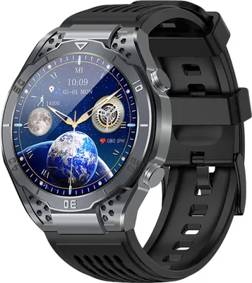 A smartwatch with a space-themed watch face is displayed against a white background.