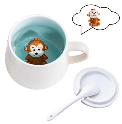 Productafbeelding van 3D-mok met aapvorm, inclusief deksel en lepel, 350 ml, keramiek, cartoon ontwerp