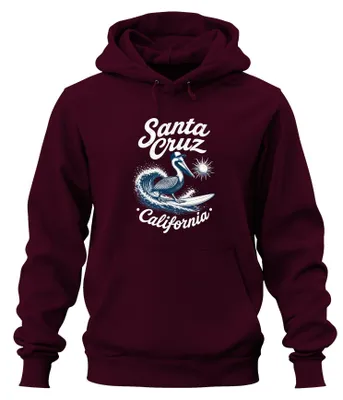 Immagine prodotto di Surfing Pelican, Santa Cruz, California. Felpa con cappuccio, motivo pelicano, colore bordeaux, taglia L