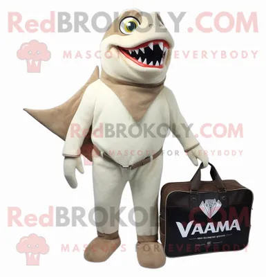 Imagen del producto de Personaje REDBROKOLY de disfraz de mascota Piranha color crema vestido con una camiseta con cuello en V y maletines