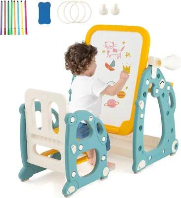 Produktbild von GOPLUS 4 in 1 Kinderstaffelei mit Stuhl, Zeichentisch mit magnetische Zeichentafel, Stauraum, verstellbares Teleskop & Ringwurfspiel, Höhenverstellbar