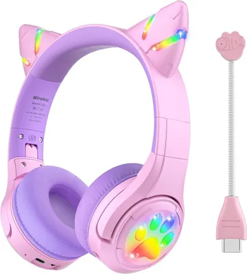 Produktbild von Kinder-Bluetooth-Kopfhörer, Katzenohr-Kopfhörer mit LED-Licht, Boom-Mikrofon und integriertem Mikrofon für Anrufe,85dB Lautstärke,Begrenzte Kopfhörer