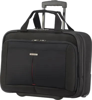 A black Samsonite rolling briefcase is shown against a white background.