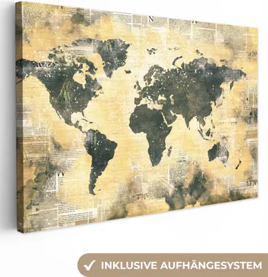 Zdjęcie produktu dla OneMillionCanvasses® - Wydruki na płótnie - 140x90 cm, Mapa świata - Szary - Gazeta, grafika ścienna, dekoracja ścienna